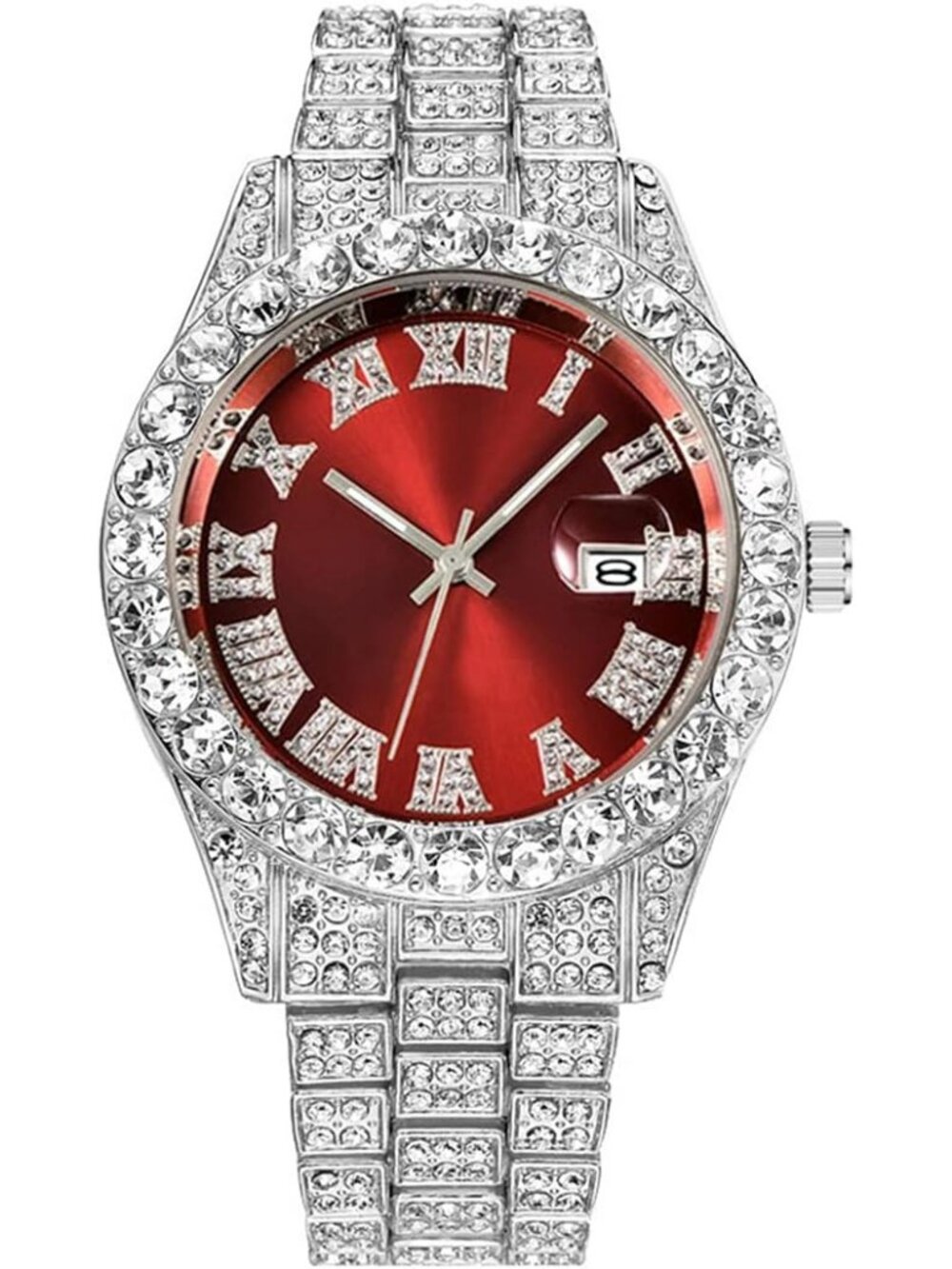 Men's Silver Red Analog Crystal Rhinestone Diamond Iced-Out Bracelet Wrist Watch